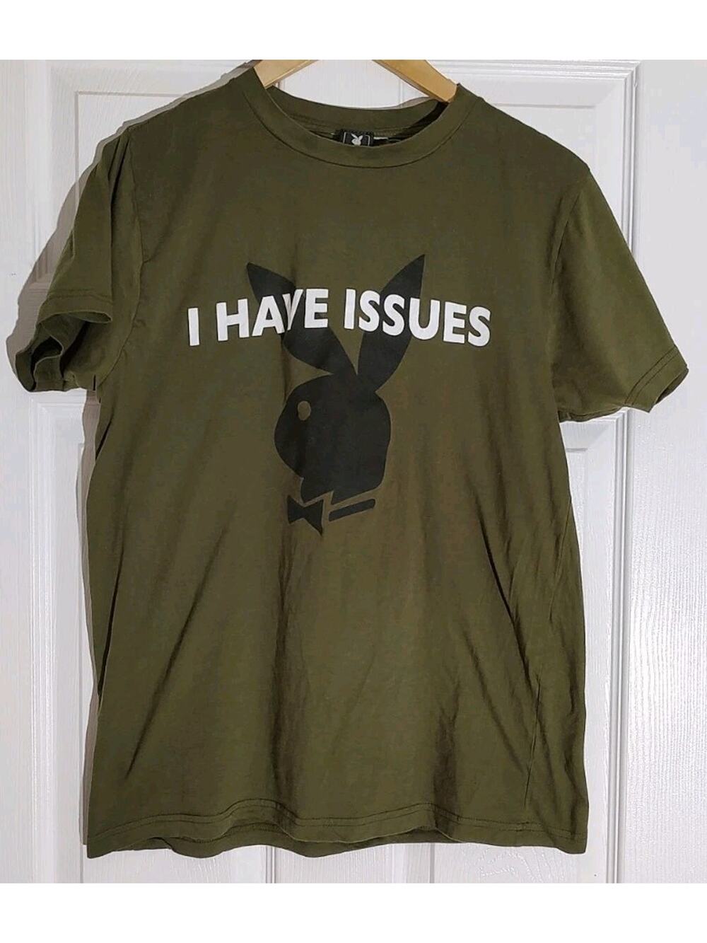 Men's Playboy "I Have Issues" Army Green T-shirt Tee - Small
